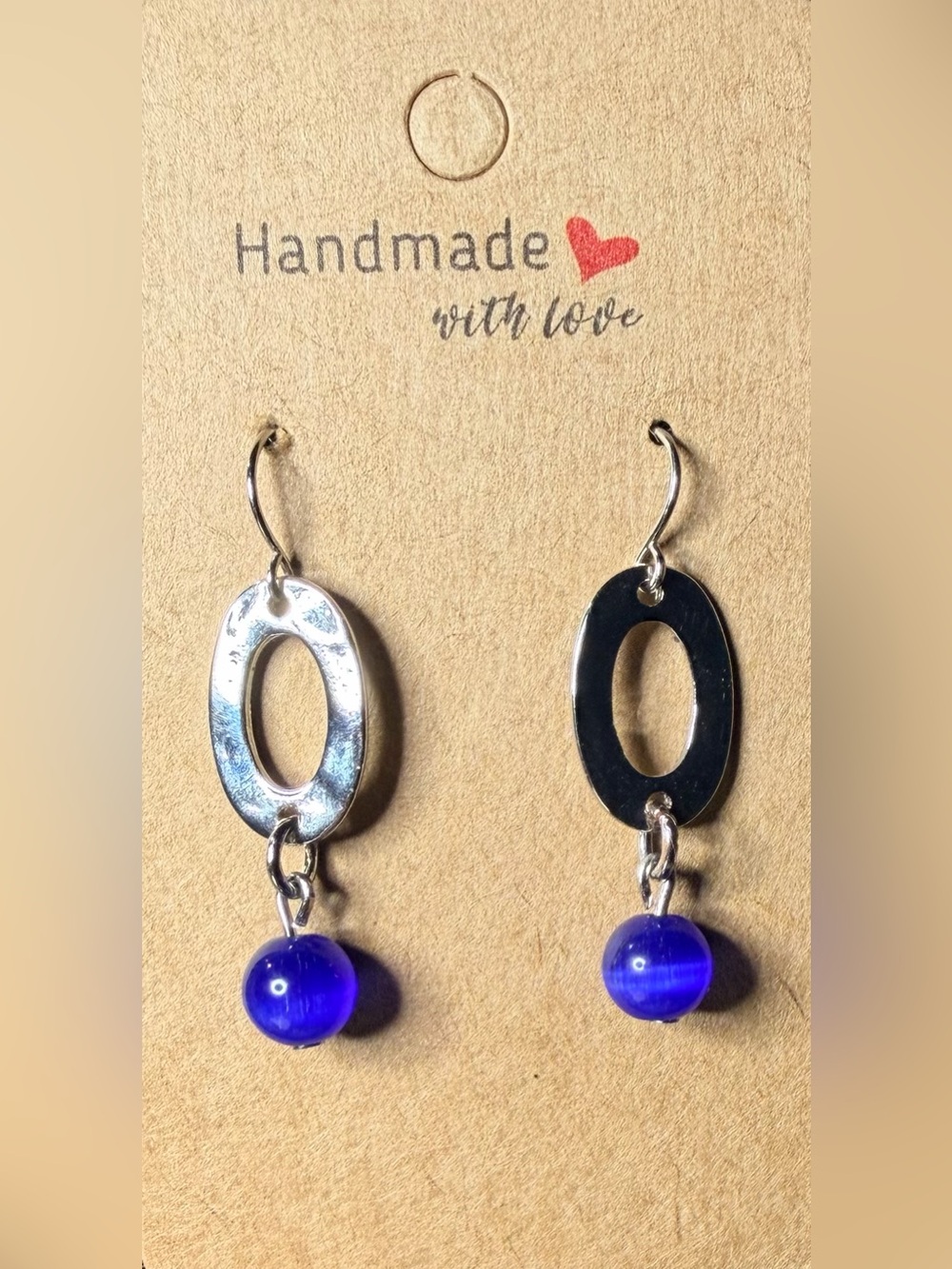 Handmade Silver Oval Drop Earrings with Cobalt Blue Bead